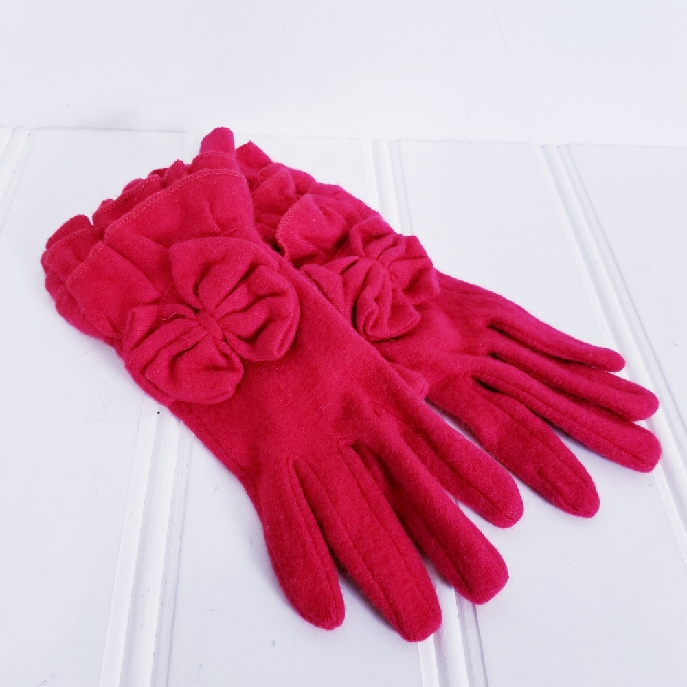 Vogue Wool Gloves OS Ruffle Bow Coquette Romantic Winter Knit Scarlet Bright Red